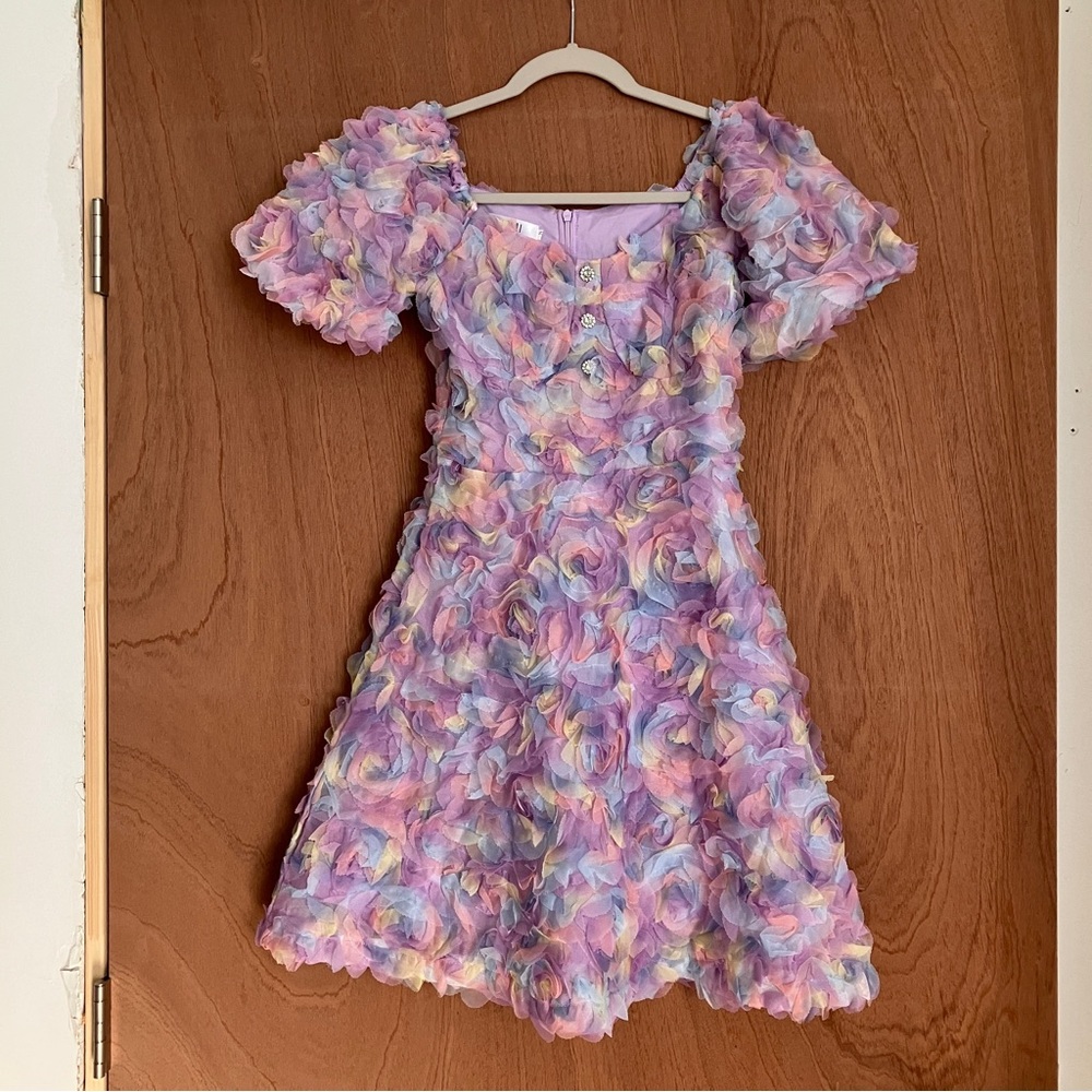 Jumi Pastel Floral Rosette Party Dress in Lavender and Pink